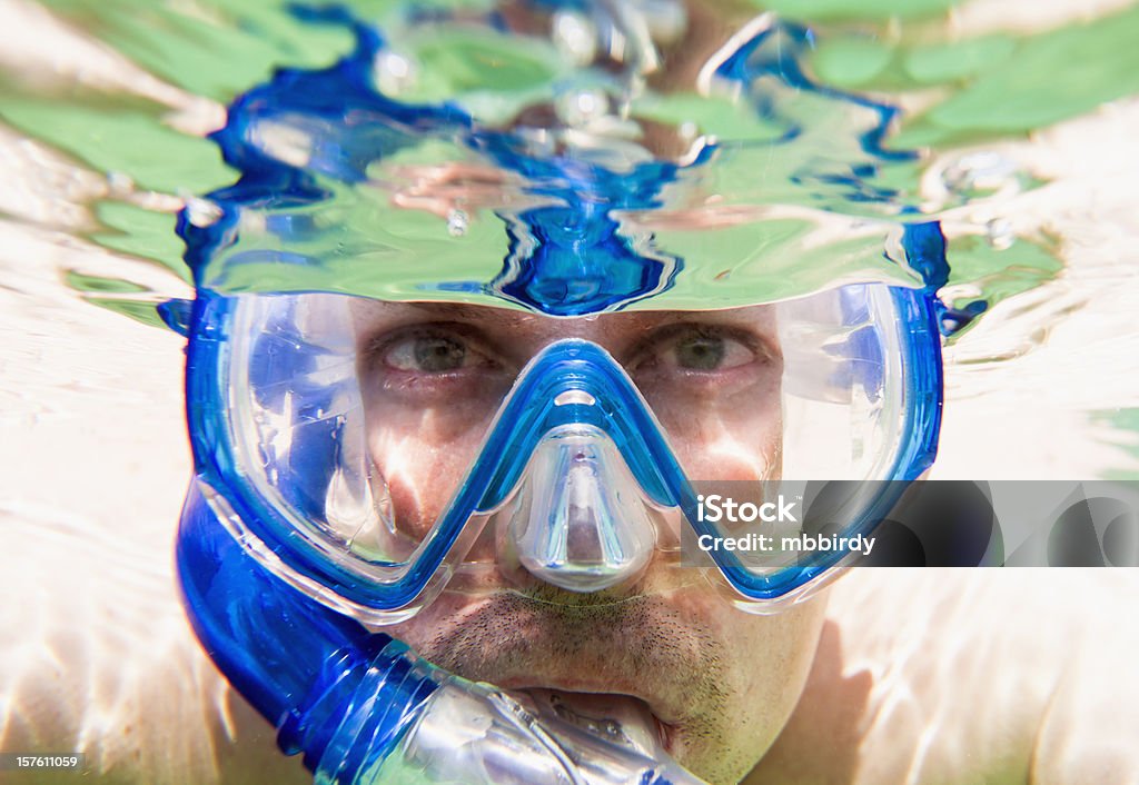 Hombre adulto buceo con esnórquel en el mar - Foto de stock de 40-44 años libre de derechos