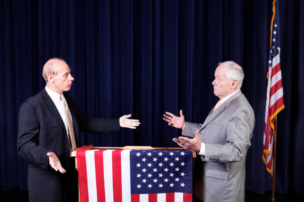 istock Two candidates at podium in a political debate 157611137