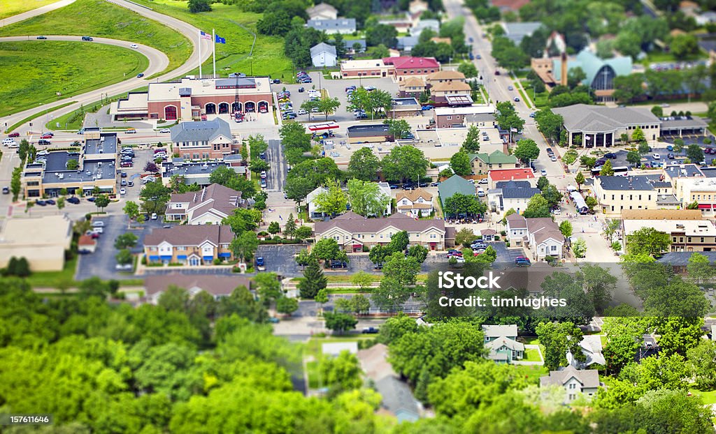 Main Street USA A tilt-shift aerial photo of a small town (Middleton, WI) during a festival which looks like a diorama. Adobe RGB profile, 70-200mm lens on a Canon 5D. Aerial View Stock Photo