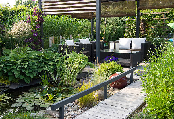 Modern patio garden lounge with a pond and outdoor sofas A modern furnished patio and pergola with a small pond, water lilys, hostas and Clematis hosta photos stock pictures, royalty-free photos & images