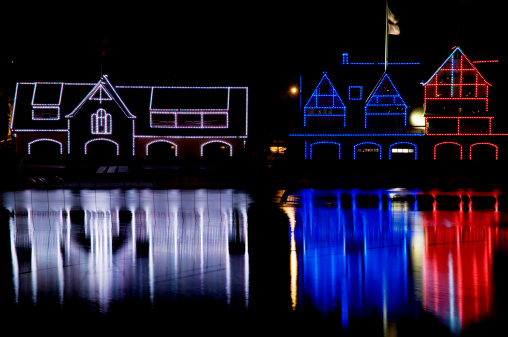 Boathouse Row in Philadelphia is in the National Register of Historic Places. The boathouses are illuminated with red, white and blue lights to mark the Independence Day.