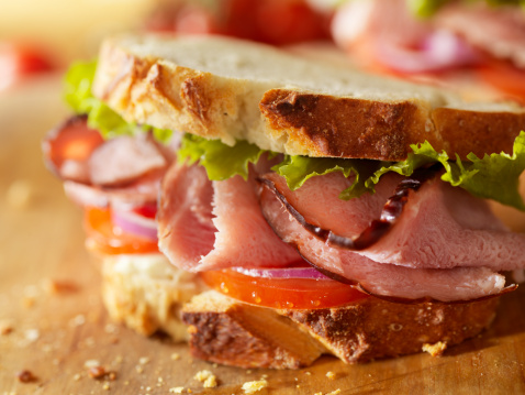 Rustic Black Forest Ham Sandwich with Lettuce, Tomato, Red Onions and Mayo -Photographed on Hasselblad H3D2-39mb Camera