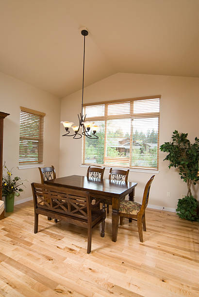 istock Modern dining room with hardwood floors 157612326