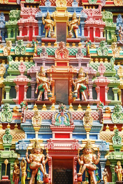 Jaffna, Sri Lanka, March 31, 2018 - The gopuram of Naga Pooshani Ambal Kovil. A kovil is an Hindu temple with Dravidian architecture.
