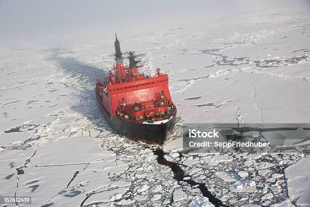 A Red Nuclear Ice Breaker Ship In Iceberg Water Stock Photo - Download Image Now - Ice-breaker, Arctic, Russia