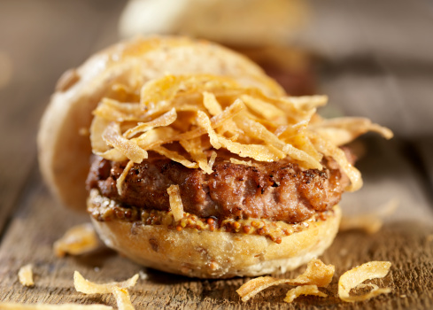 Mini Burgers with Crispy Onions and Grainy Mustard -Photographed on Hasselblad H3D-39mb Camera