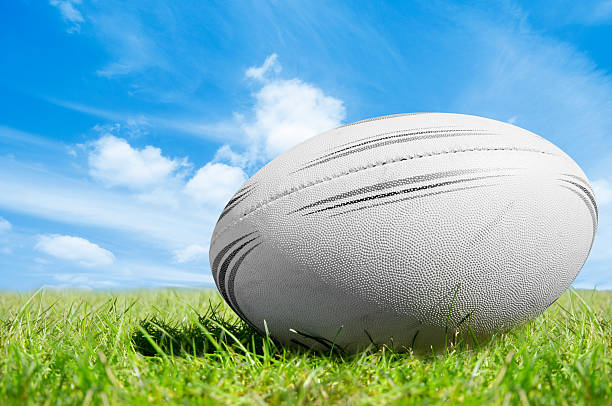 pelota de rugby blanco sobre verde de la hierba bajo cielo azul - rugby ball fotografías e imágenes de stock