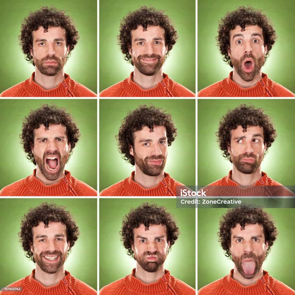 Quadrato casual Uomo caucasico con capelli ricci espressione collection - Foto stock royalty-free di Viso