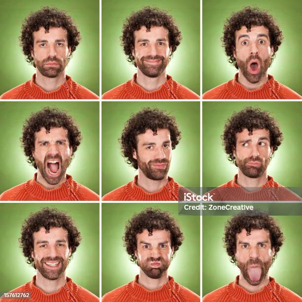 Squared Casual Caucasian Man With Curly Hair Expression Collection Stock Photo - Download Image Now