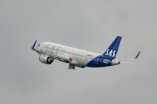 Zurich, Switzerland, May 2, 2023 SE-RUA SAS Scandinavian Airlines Airbus A320-251N aircraft take off from runway 28