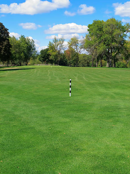 istock Fairway distance marker by cart tracks on golf course 157613058
