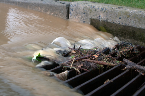 Street storm grate catches debris. Run-off from a flash flood gathers on the storm grate. Branches and grass and mud are stuck on the iron grate. Rushing water pours into the drain.