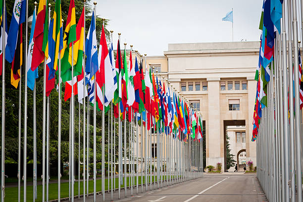 United Nations Building United Nations building with rows of flags. geneva switzerland photos stock pictures, royalty-free photos & images