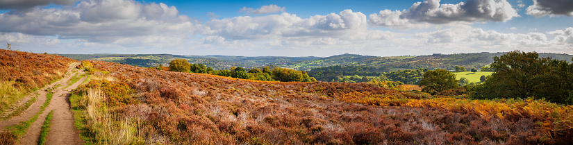 A view of the landscape looking out of Stanton Moor in the Peak District, Derbyshire across the hills to the South West taking in Matlock and the surrounding hills. The autumn colours of the heather and ferns contrasting with the green hills in the distance.