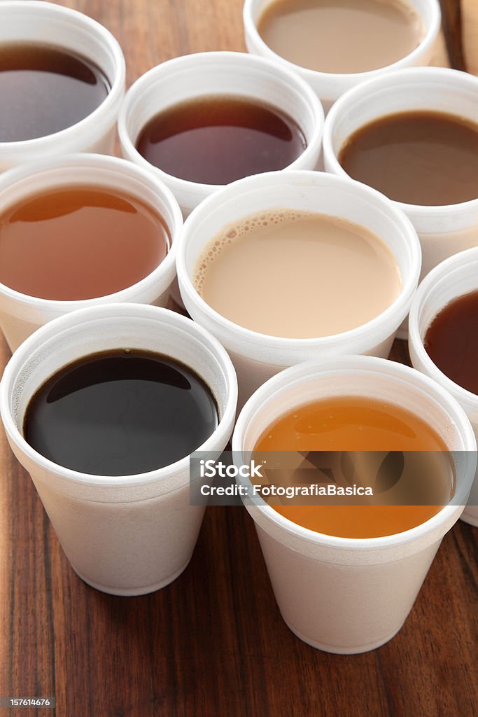 Coffees and teas High angle view of disposable cups filled with varieties of coffees and teas Disposable Cup Stock Photo