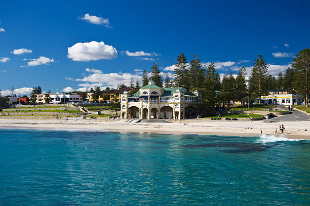 Coastal landscape of Indiana Tea House Cottesloe Beach with beach and blue ocean cottesloe stock pictures, royalty-free photos & images