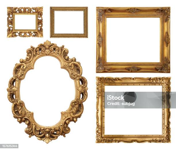 Set Of Five Gold Frame Designs Stock Photo - Download Image Now - Picture Frame, Old-fashioned, Retro Style