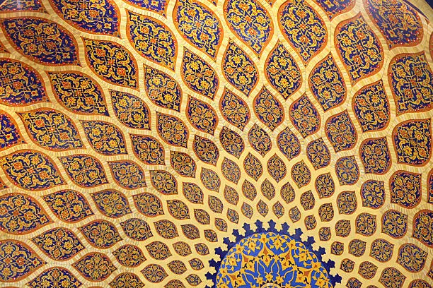 an abstract pattern inside a ceiling dome using the Islamic architectural style and decoration, this style most seen in the middle east and Persia..
