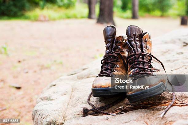 Panierowane Buty Trekkingowe Usiądź Na Skale W Lesie Czyszczenie - zdjęcia stockowe i więcej obrazów Bez ludzi