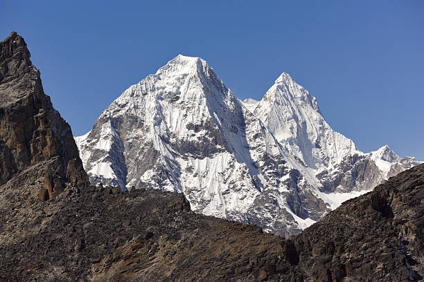 Ama Dablam mountain summit peak in Himalaya mountain range, Nepal. Beautiful high altitude mountain landscape with clouds in spring at the Everest Base camp trekking region. Hike in Himalaya
