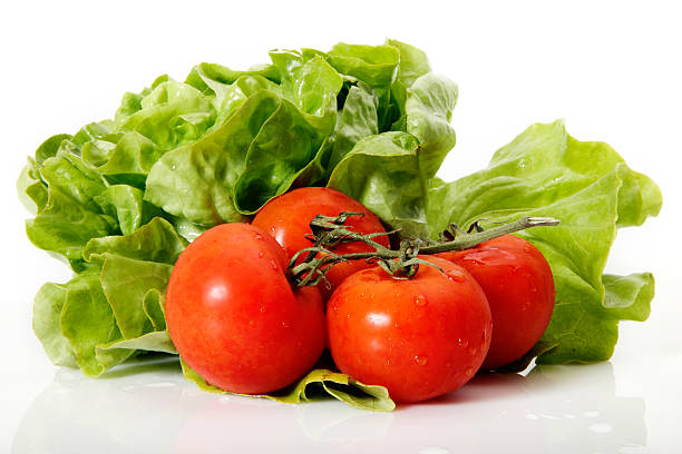 Fresh tomatoes and lettuce on a white background stock photo