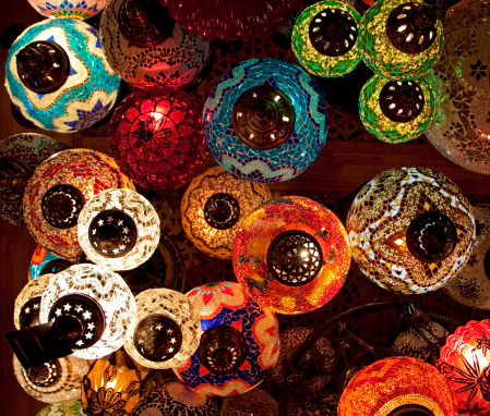 Pattern of colorful Turkish lanterns from below
