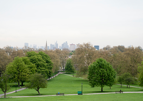 The City of London seen from Primrose Hill on an overcast day in Spring.