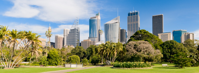 Very large panoramic view of the Sydney skyline behind the Royal Botanic Gardens in central Sydney.