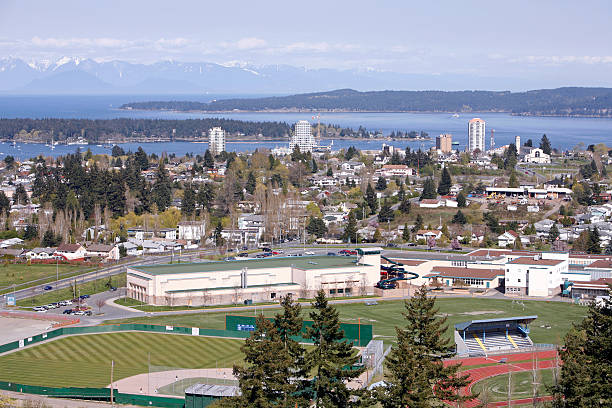 istock Nanaimo Skyline With Aquatic Centre Baseball Field And Running Track 157616418