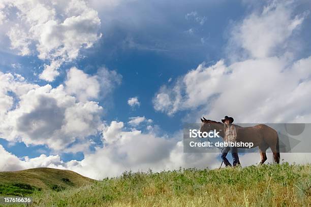 Giovane Donna E Il Suo Cavallo Su Una Collina - Fotografie stock e altre immagini di Cavallo - Equino - Cavallo - Equino, Pascolo, Montana