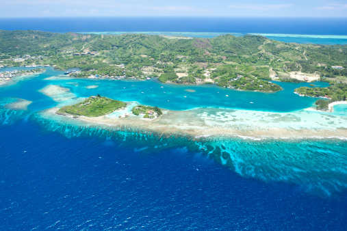 Aerial view of tropical Caribbean island. Roatan, Honduras