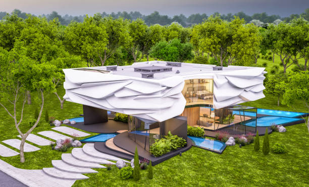 istock 3d rendering of modern house with bionic natural curves plastic forms in evening 1576178469