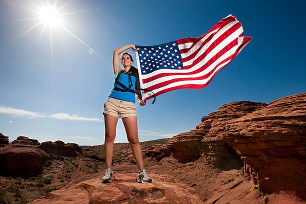 istock Hiking Girl with US Flag 157618003