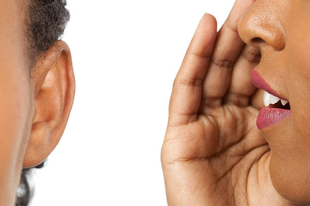 Whispering into my ear. Women whispering and listening to gossip isolated on a white background. body talk stock pictures, royalty-free photos & images