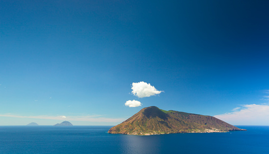 Three of Aeolian Islands near Sicily. From left: Alicudi, Filicudi and Salina. View from Lipari island.