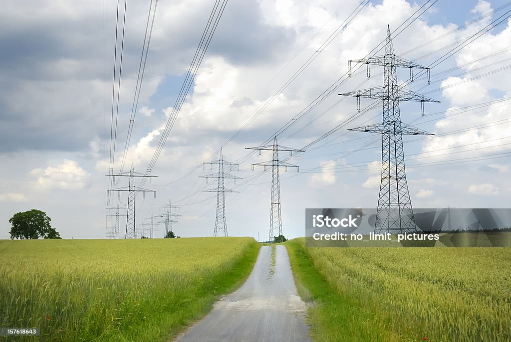 Electricity Pylon Some electricity pylons in a field short before a storm. Focus on right pylon. Agricultural Field Stock Photo