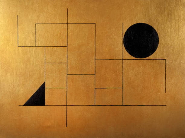 Geometric subject with black sphere and triangle on golden background
