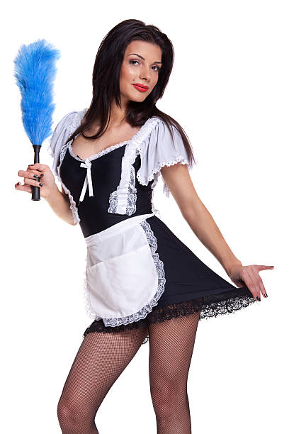 hermosa de criada francesa - maid french maid outfit sensuality duster fotografías e imágenes de stock