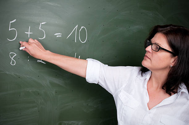 istock Female teacher standing at blackboard, teaching mathematics 157618935