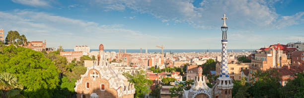 Barcelona Parc Güell Gaudí sunset cityscape Mediterranean panorama Catalonia Spain  barcelona skyline stock pictures, royalty-free photos & images