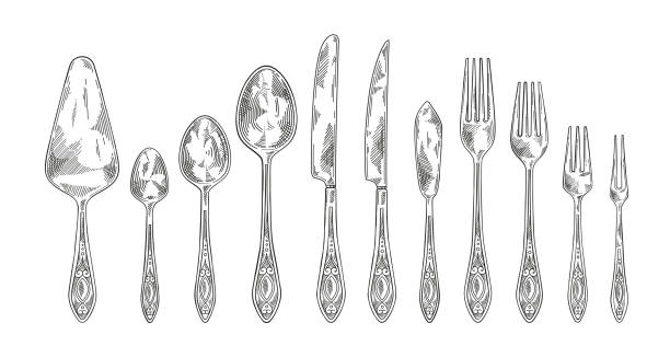 Set of line cultery. Collection of knives, spoons and forks. Kitchen utensils for food. Cafe or restauran equipment, tableware. Cartoon flat vector illustrations isolated on white background