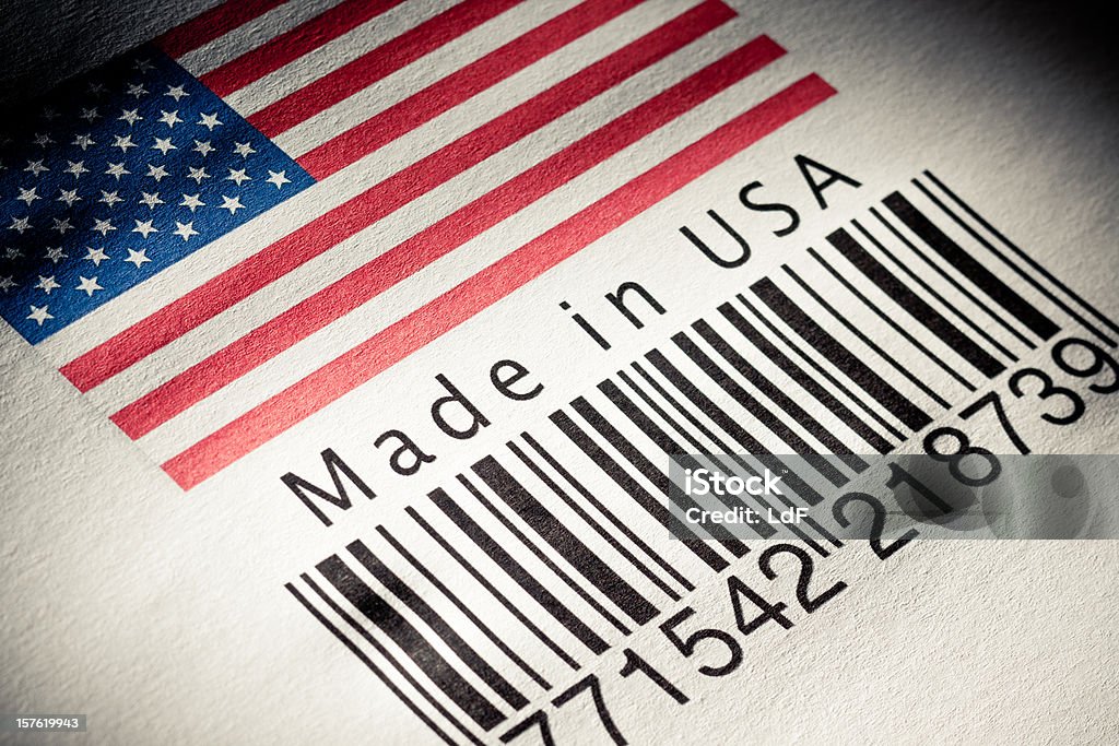Fabricado en EE. UU. producto de códigos de barras - Foto de stock de Made in the USA - Frase corta en inglés libre de derechos