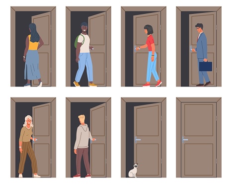 People opening door set. Collection of men and women in doorway. Young guys and girls leave and come home. Entrance to room or office. Cartoon flat vector illustrations isolated on white background