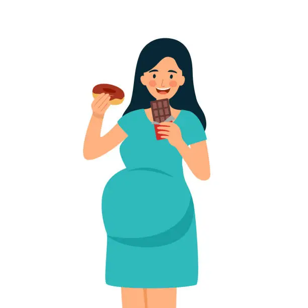 Vector illustration of Pregnant woman eating sweet chocolate and donut in flat design on white background.
