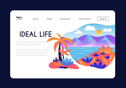 Summer vacation banner. Ideal life landing page. Island with palm tree in sea or ocean, sandy shore. Holidays in tropical and exotic countries. Paradise and resort. Cartoon flat vector illustration