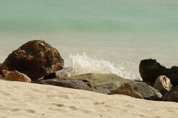 istock Sandy shoreline of a tranquil ocean with rocks and splashing waves 1576206529