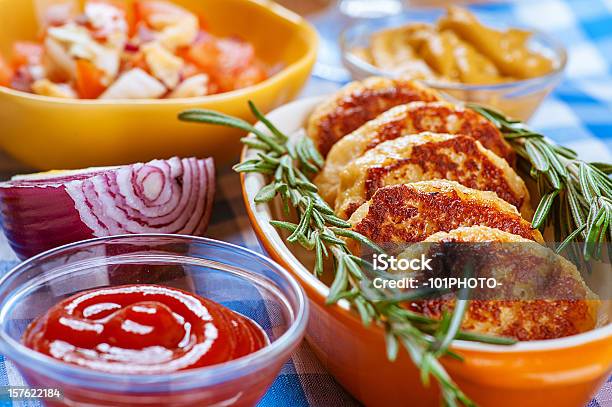 Chops Ketchup Onion Mustard And Salad Stock Photo - Download Image Now - Beef, Burger, Cutlet