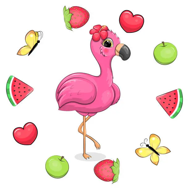 Vector illustration of Cute cartoon pink flamingo in a fruit frame.