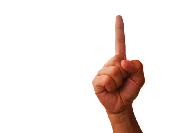 istock Female hand pointing up isolated on white background 1576229635