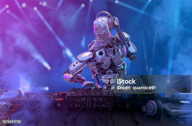 Robot Humanoid Ai Disc Jockey At The Dj Mixer Stock Photo - Download Image Now - DJ, Music, Artificial Intelligence